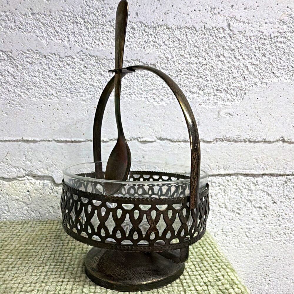 Vintage Arcoroc France Glass Condiment Jam Sugar Bowl Metal Caddy Hanging